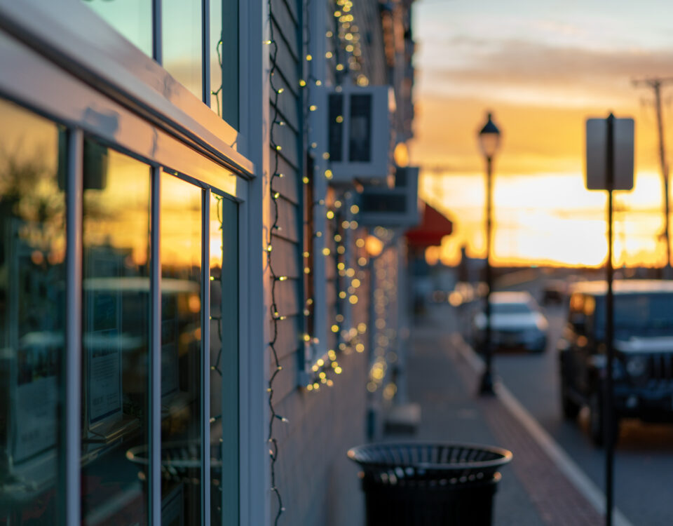 Twinkle lights on small town street