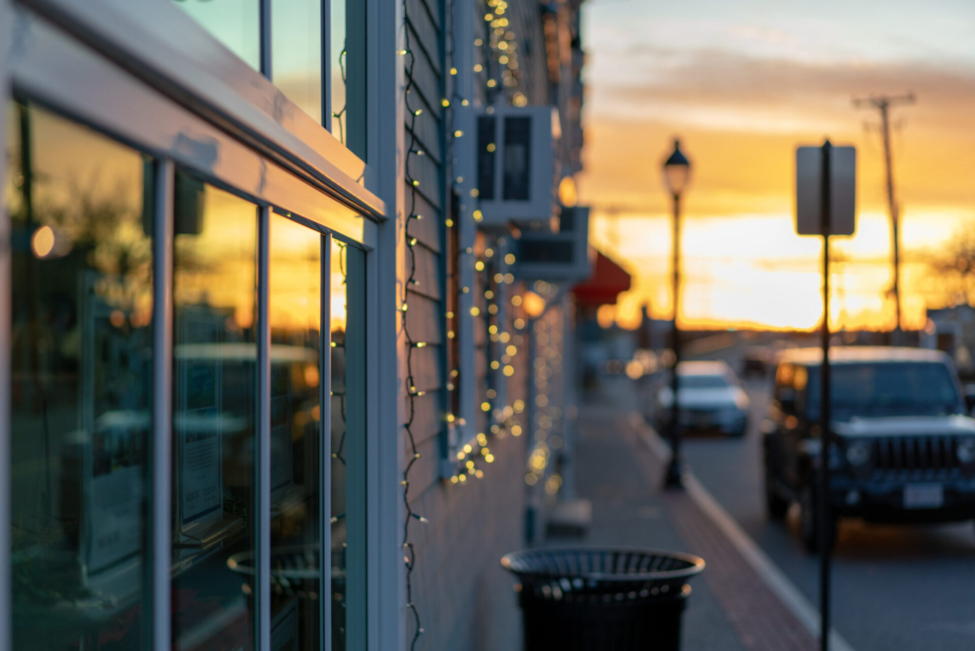 Twinkle lights on small town street